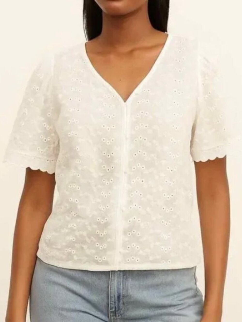 Design History White Eyelet Short Sleeve Button Up Cotton Top Sz L